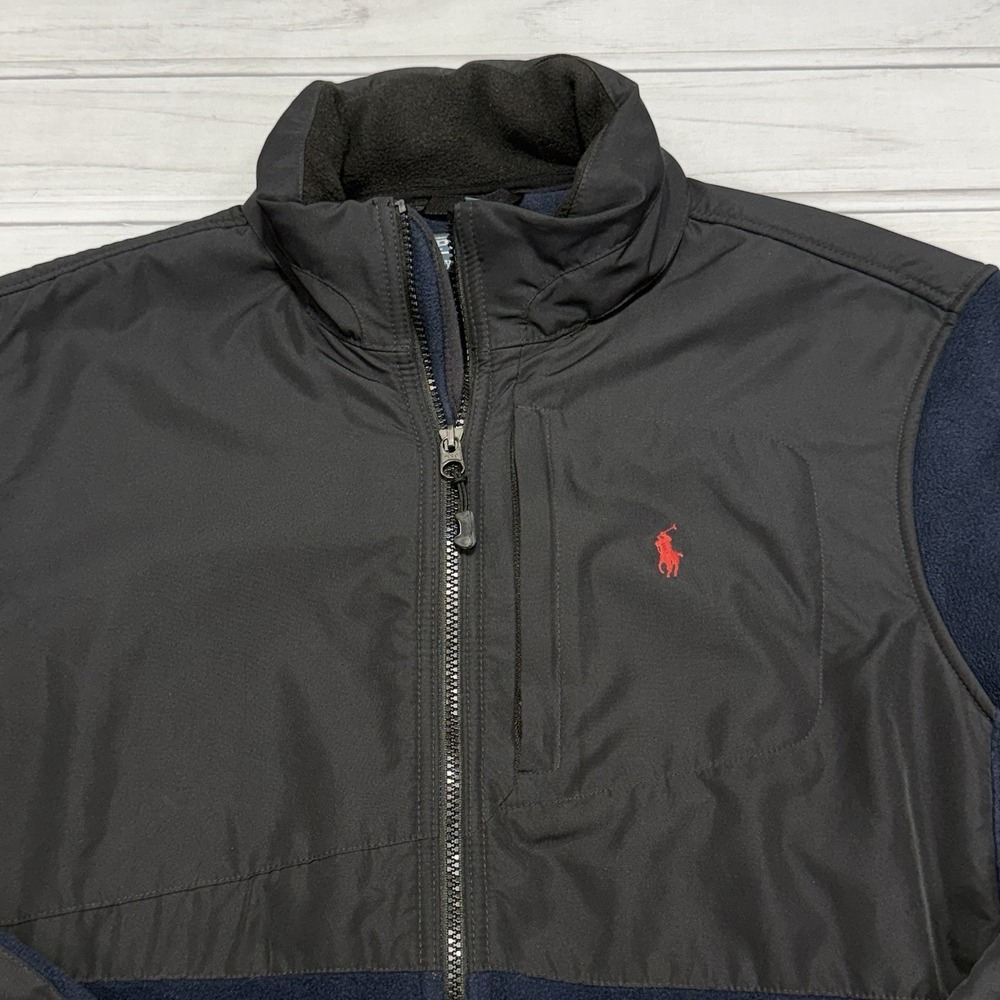 Polo Ralph Lauren Jacket L Black Blue Polartec Hooded Fleece Full Zip VTG 90s - Picture 3 of 11